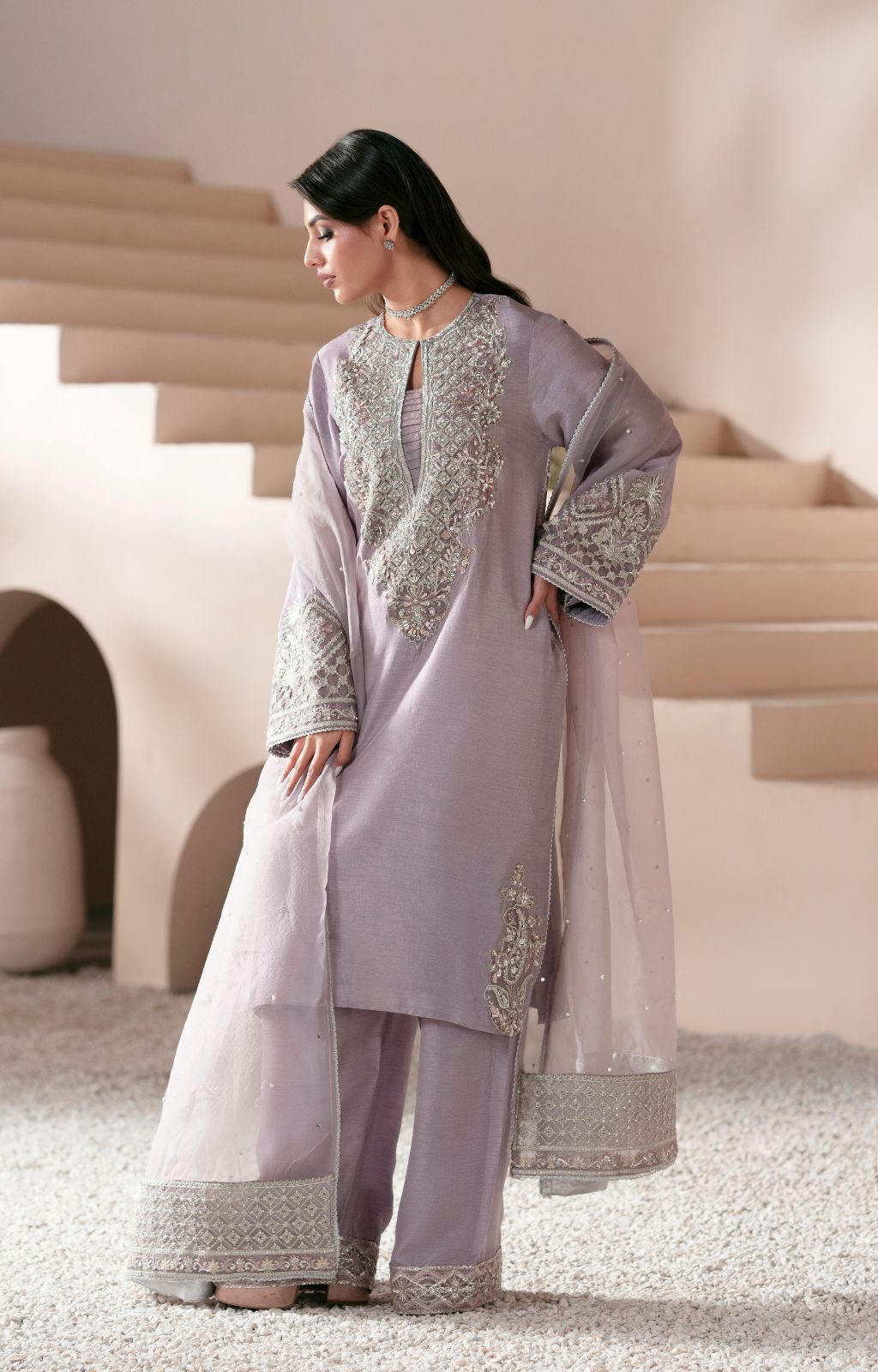 Pakistani Lavender Embroidered Korean Raw Silk Salwar Kameez (3-Piece) - Image 3