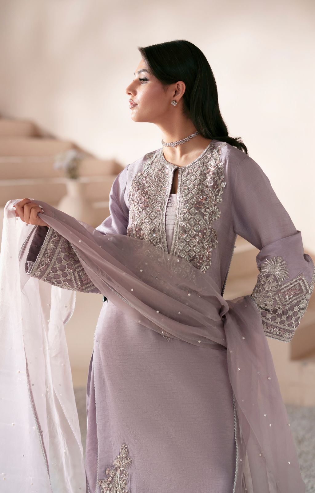 Pakistani Lavender Embroidered Korean Raw Silk Salwar Kameez (3-Piece) - Image 4