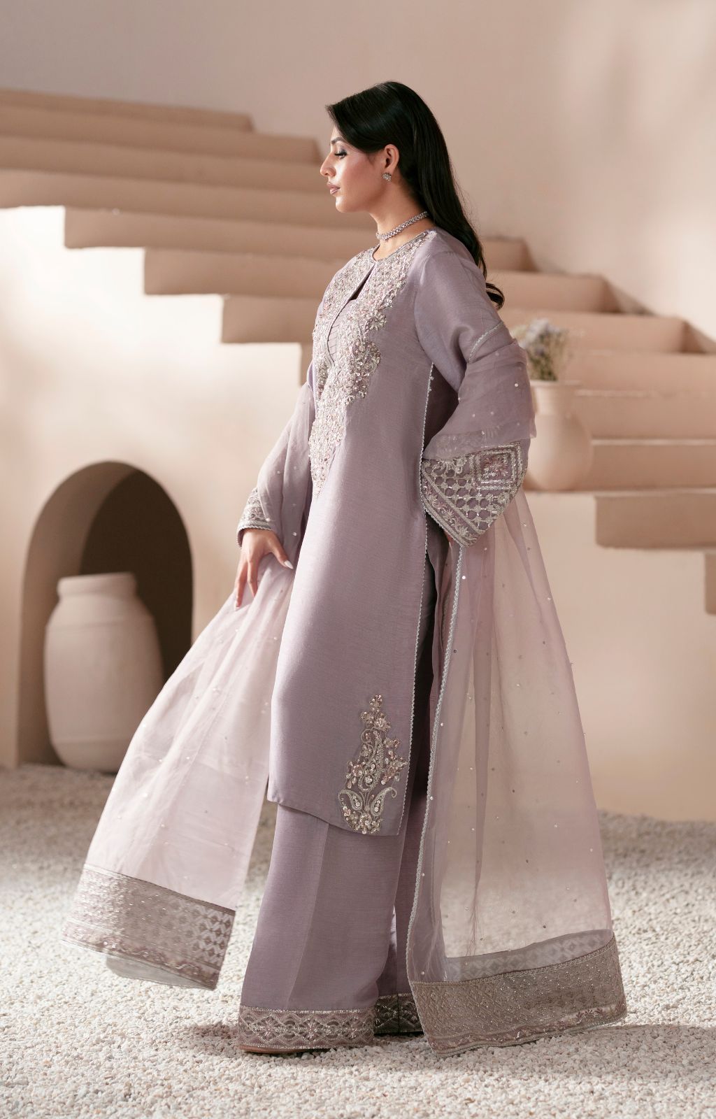 Pakistani Lavender Embroidered Korean Raw Silk Salwar Kameez (3-Piece) - Image 5