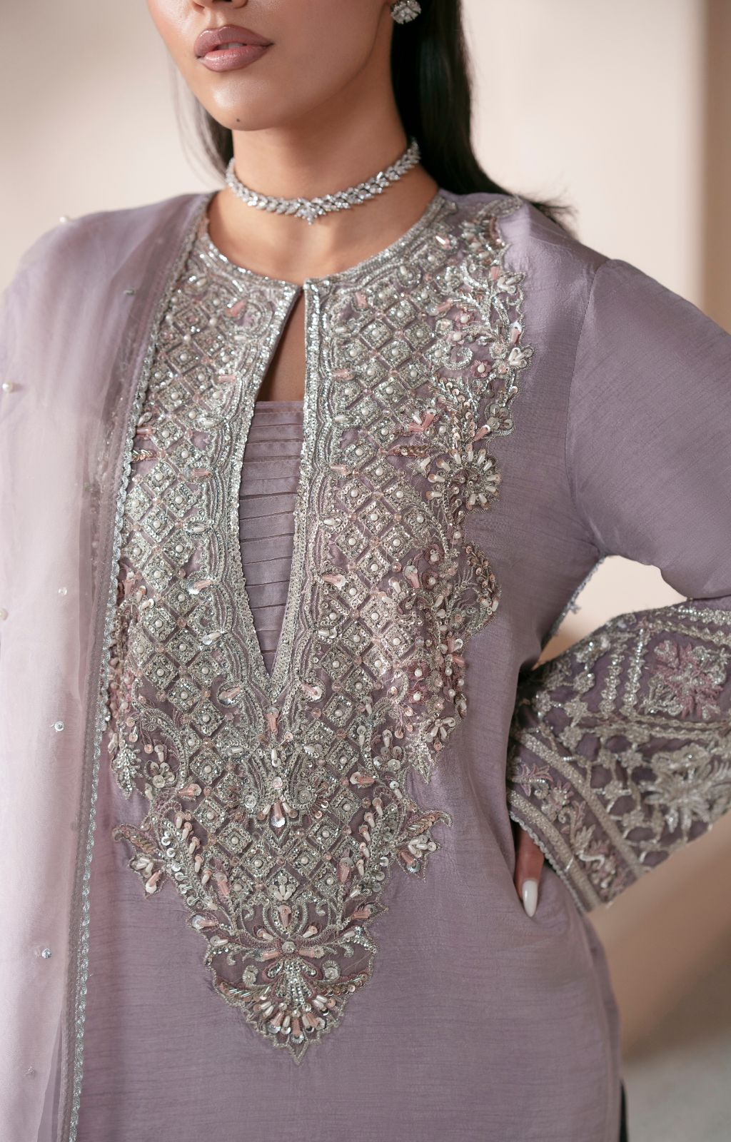 Pakistani Lavender Embroidered Korean Raw Silk Salwar Kameez (3-Piece) - Image 6