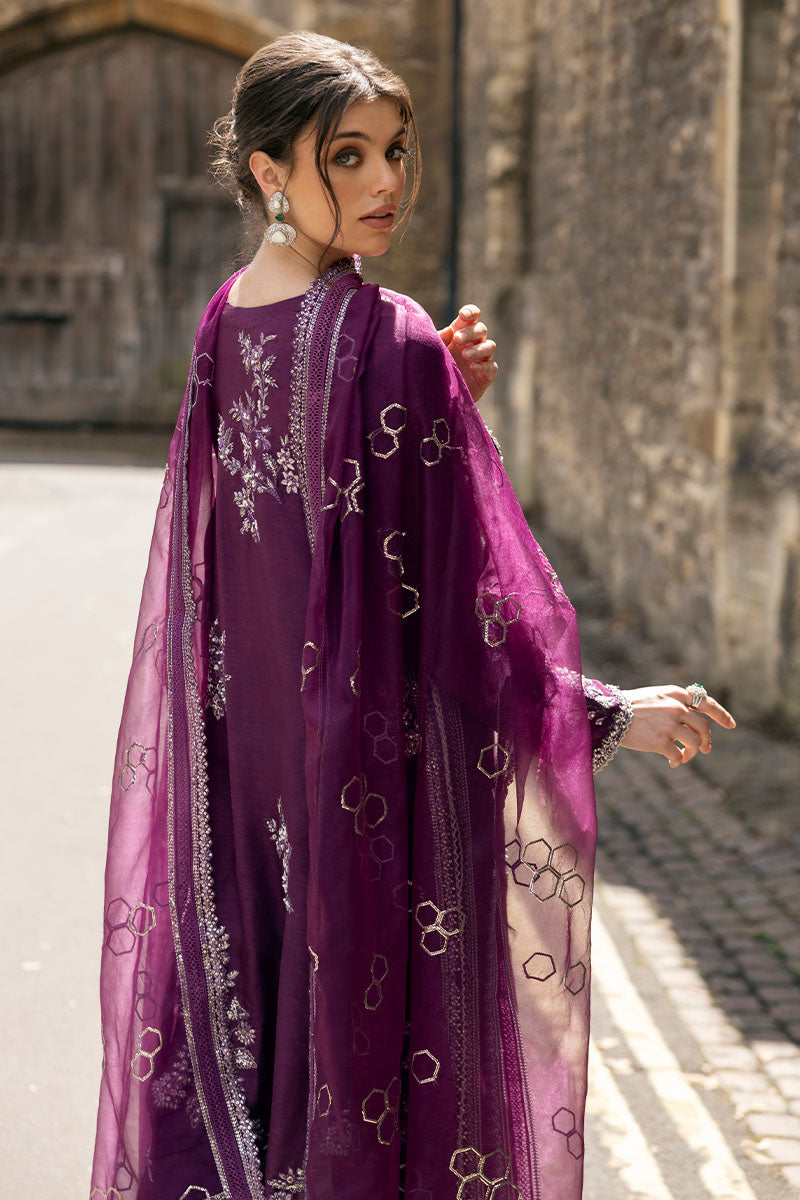 Pakistani Purple Embroidered Raw Silk Salwar Kameez (3-Piece) - Image 10