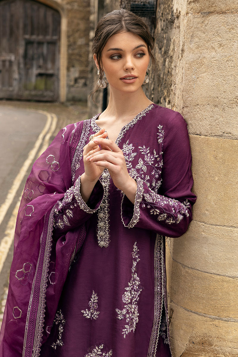 Pakistani Purple Embroidered Raw Silk Salwar Kameez (3-Piece) - Image 2
