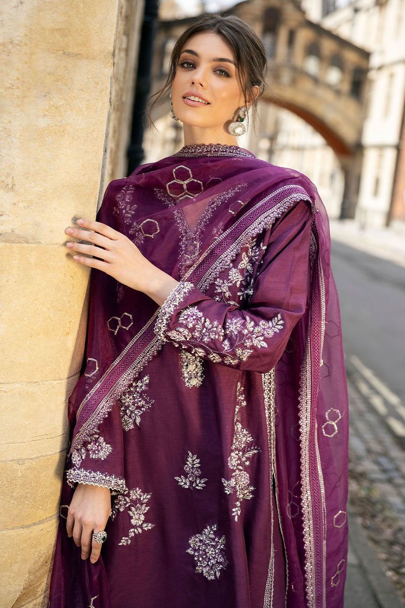 Pakistani Purple Embroidered Raw Silk Salwar Kameez (3-Piece) - Image 3