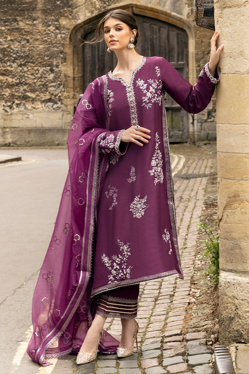 Pakistani Purple Embroidered Raw Silk Salwar Kameez (3-Piece) - Image 4