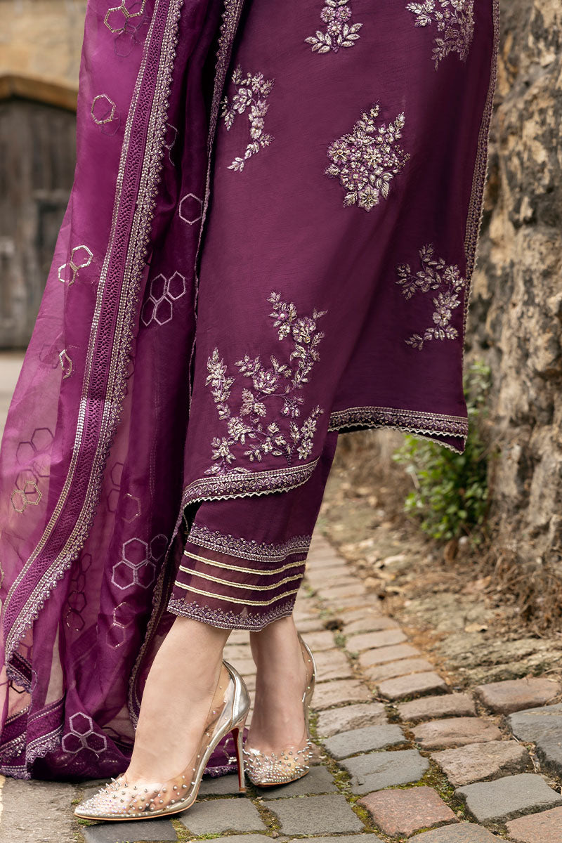 Pakistani Purple Embroidered Raw Silk Salwar Kameez (3-Piece) - Image 5