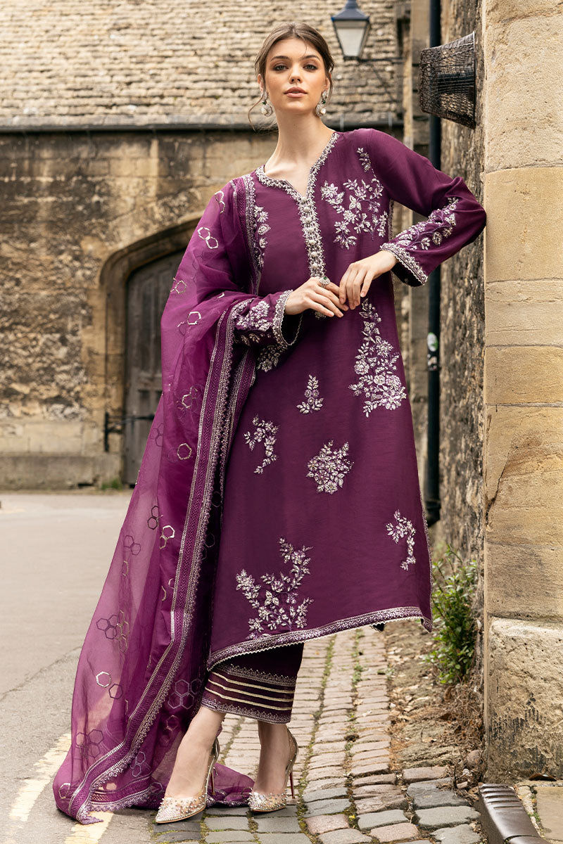 Pakistani Purple Embroidered Raw Silk Salwar Kameez (3-Piece) - Image 9