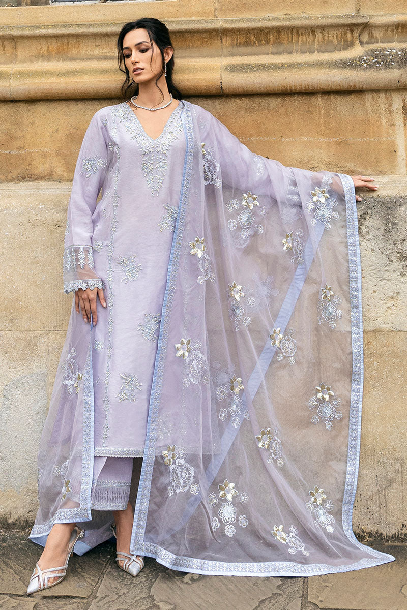 Pakistani Lilac Embroidered Raw Silk Salwar Kameez (3-Piece) - Image 1