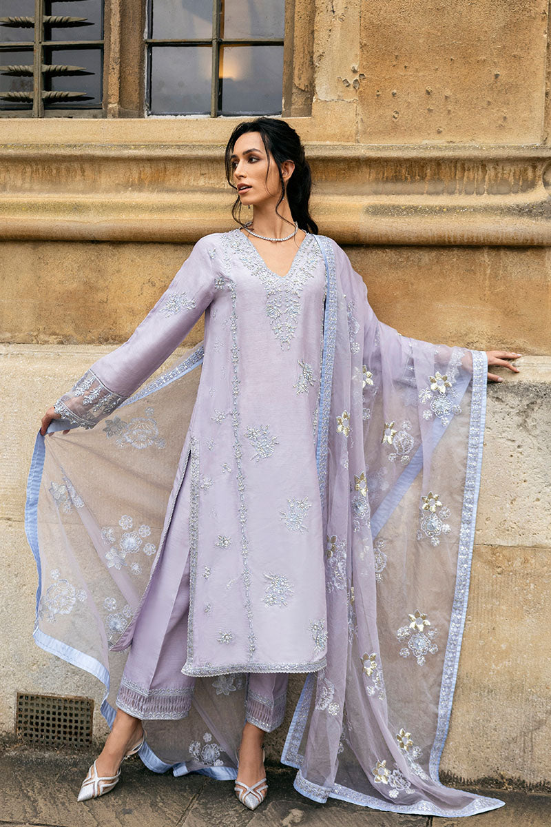 Pakistani Lilac Embroidered Raw Silk Salwar Kameez (3-Piece) - Image 2