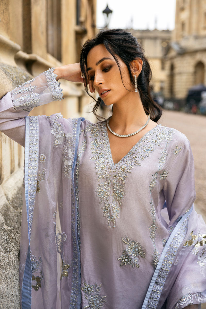 Pakistani Lilac Embroidered Raw Silk Salwar Kameez (3-Piece) - Image 4