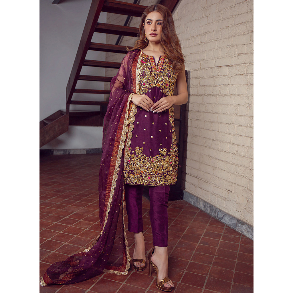 Pakistani Plum Resham Embroidered Raw Silk Straight Suit (3-Piece) - Image 1
