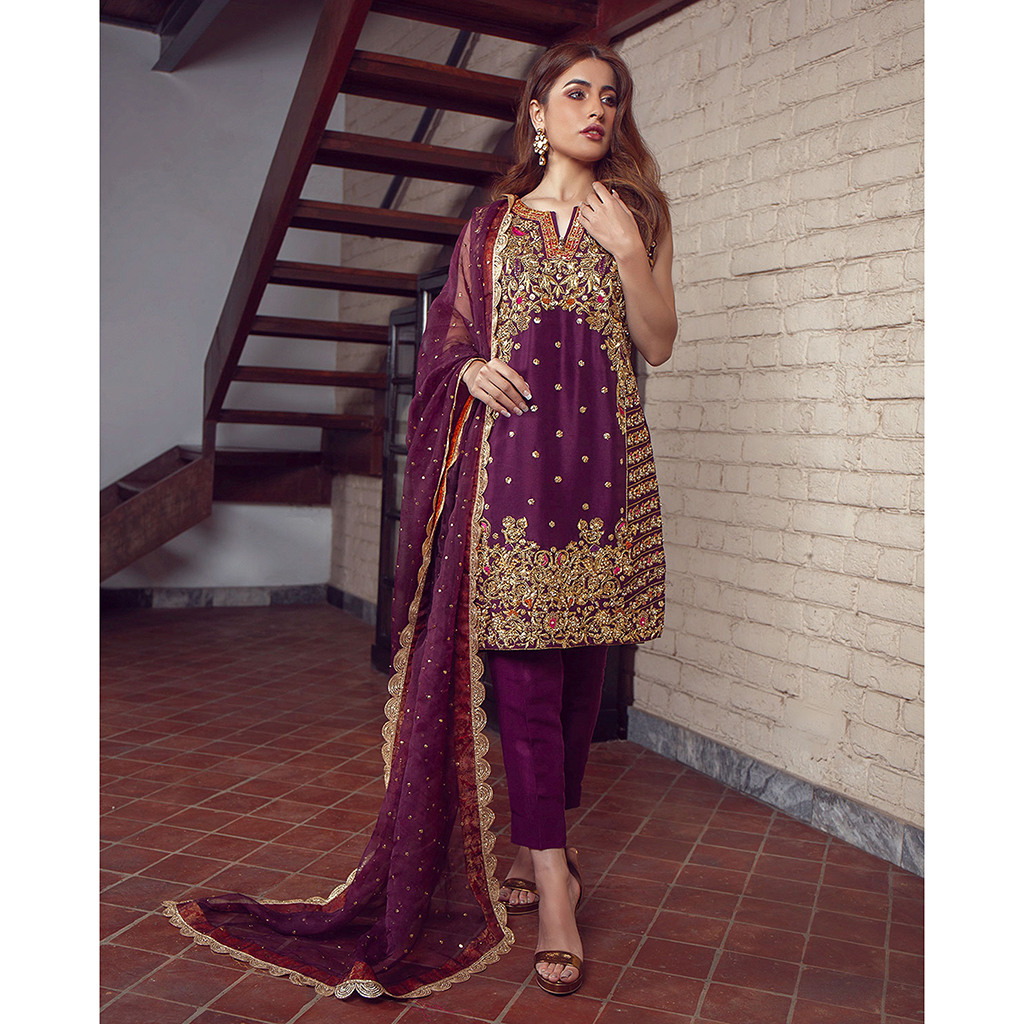 Pakistani Plum Resham Embroidered Raw Silk Straight Suit (3-Piece) - Image 2