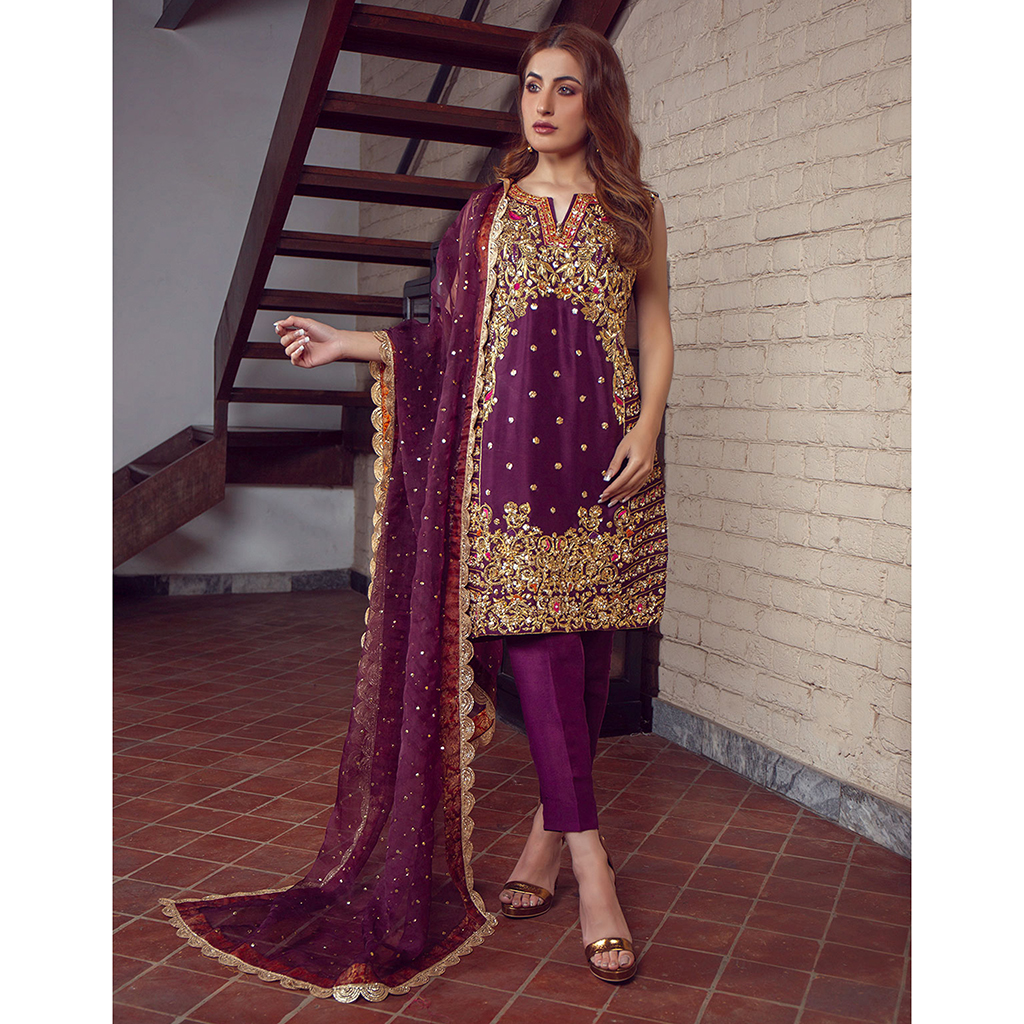 Pakistani Plum Resham Embroidered Raw Silk Straight Suit (3-Piece) - Image 3