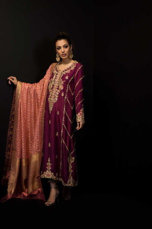 Plum Embroidered Pure Raw Silk Long Shirt (3-Piece) - Image 1