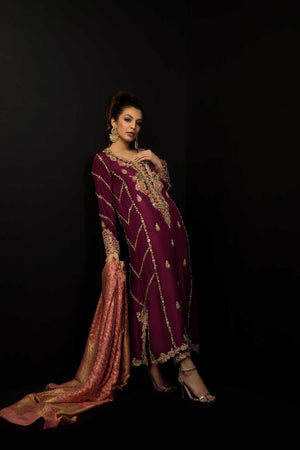 Plum Embroidered Pure Raw Silk Long Shirt (3-Piece) - Image 3