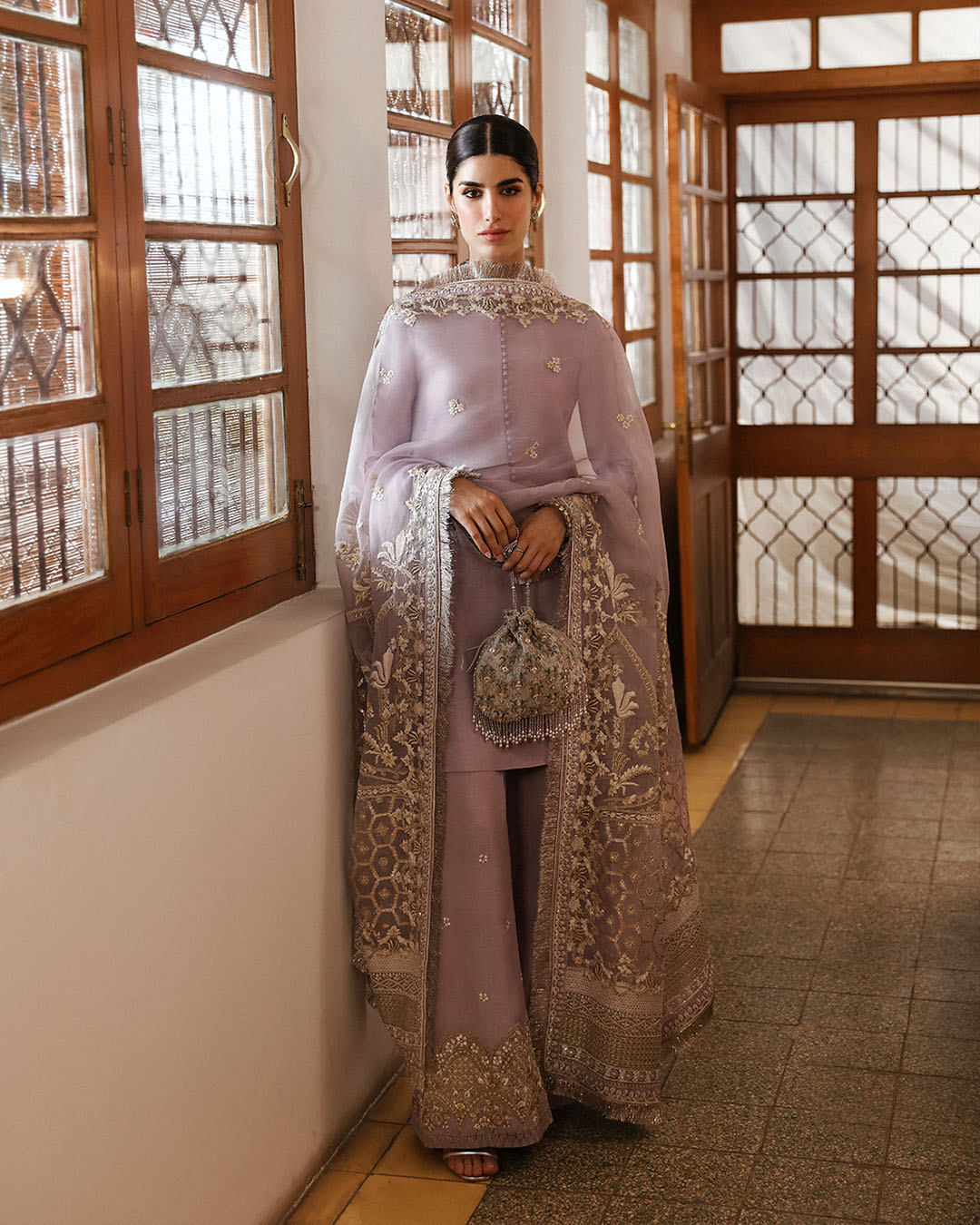 Pakistani Lilac Embroidered Korean Raw Silk Salwar Kameez (3-Piece) - Image 1