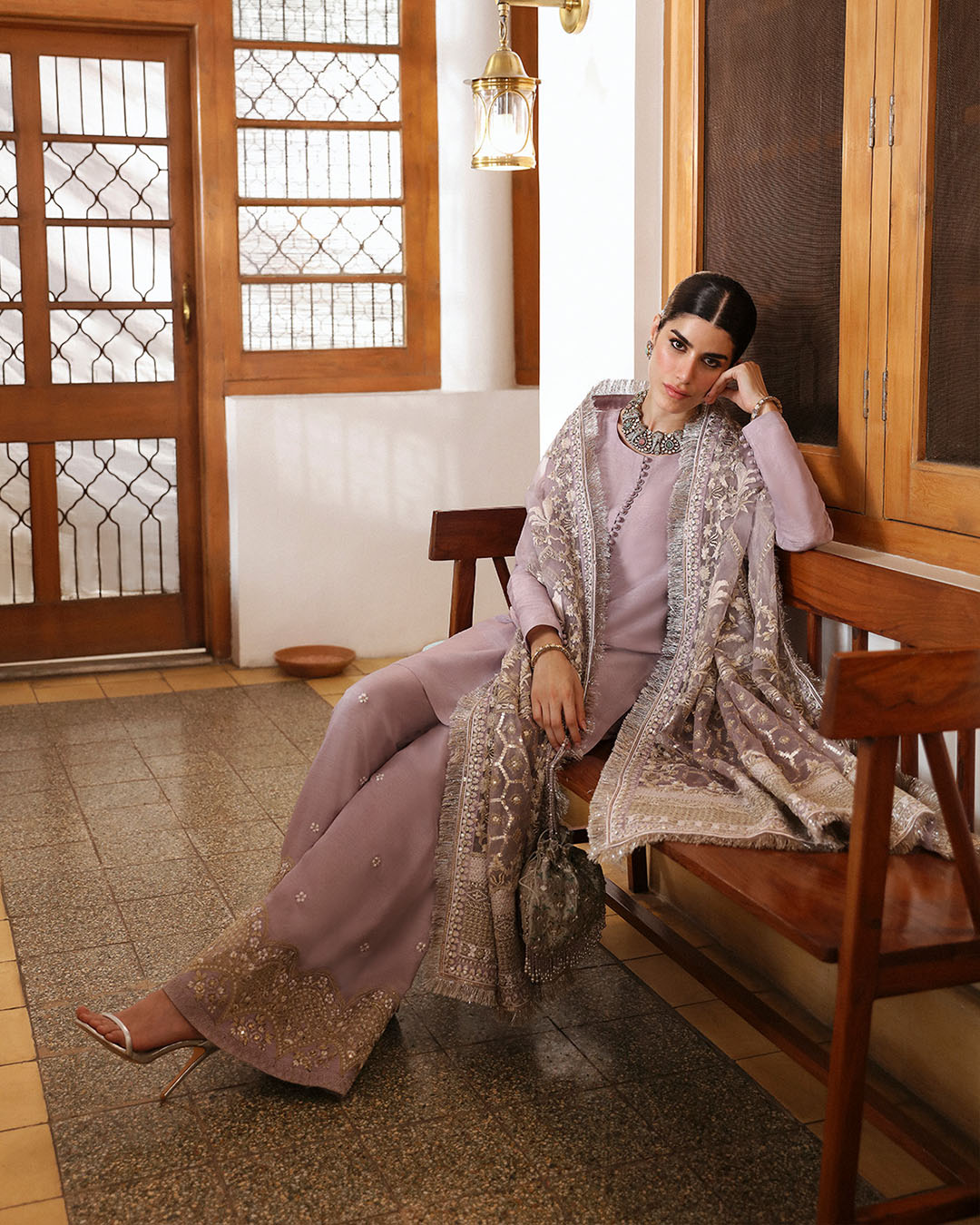 Pakistani Lilac Embroidered Korean Raw Silk Salwar Kameez (3-Piece) - Image 2