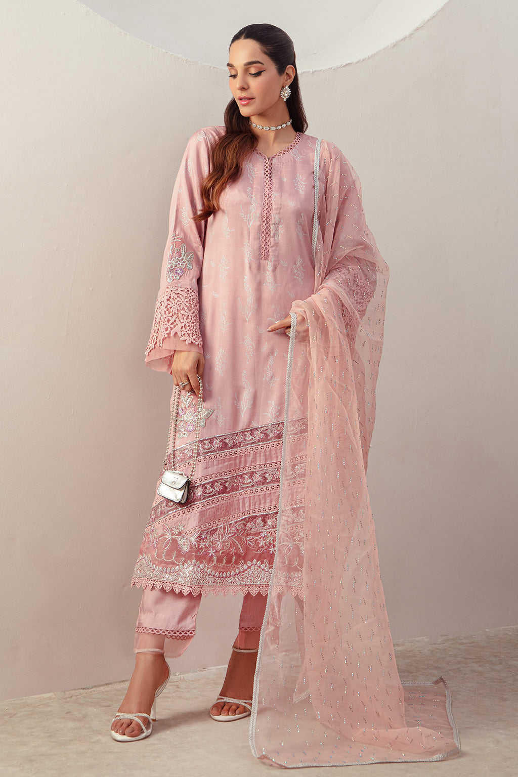 Pastel Purple Embroidered Raw Silk Salwar Kameez (3-Piece) - Image 2