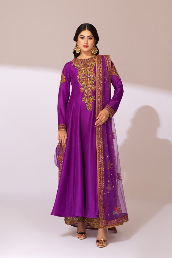 Pakistani Purple Embroidered Raw Silk Salwar Kameez (3-Piece) - Image 2