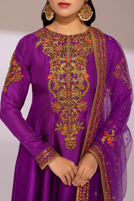 Pakistani Purple Embroidered Raw Silk Salwar Kameez (3-Piece) - Image 3