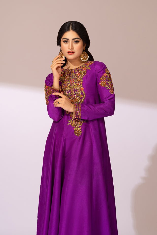Pakistani Purple Embroidered Raw Silk Salwar Kameez (3-Piece) - Image 4