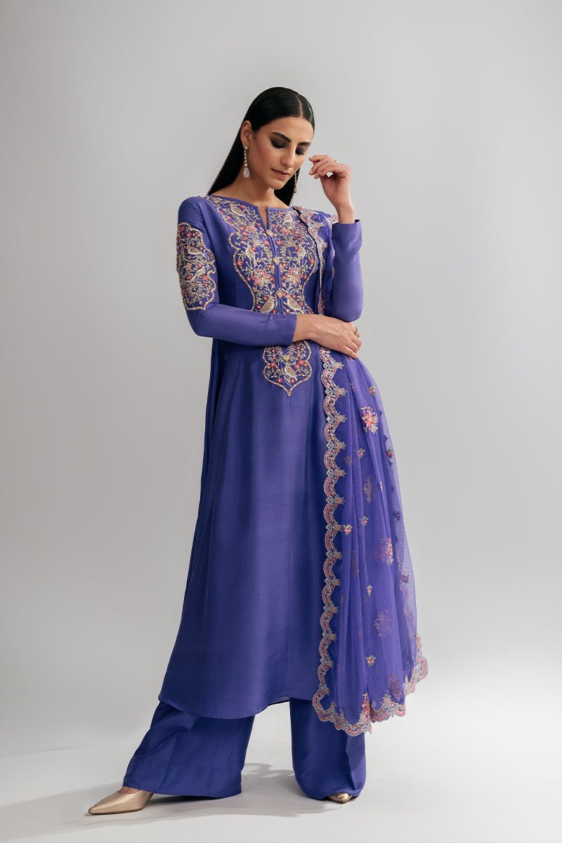 Pakistani Purple Embroidered Raw Silk Salwar Kameez (3-Piece) - Image 1