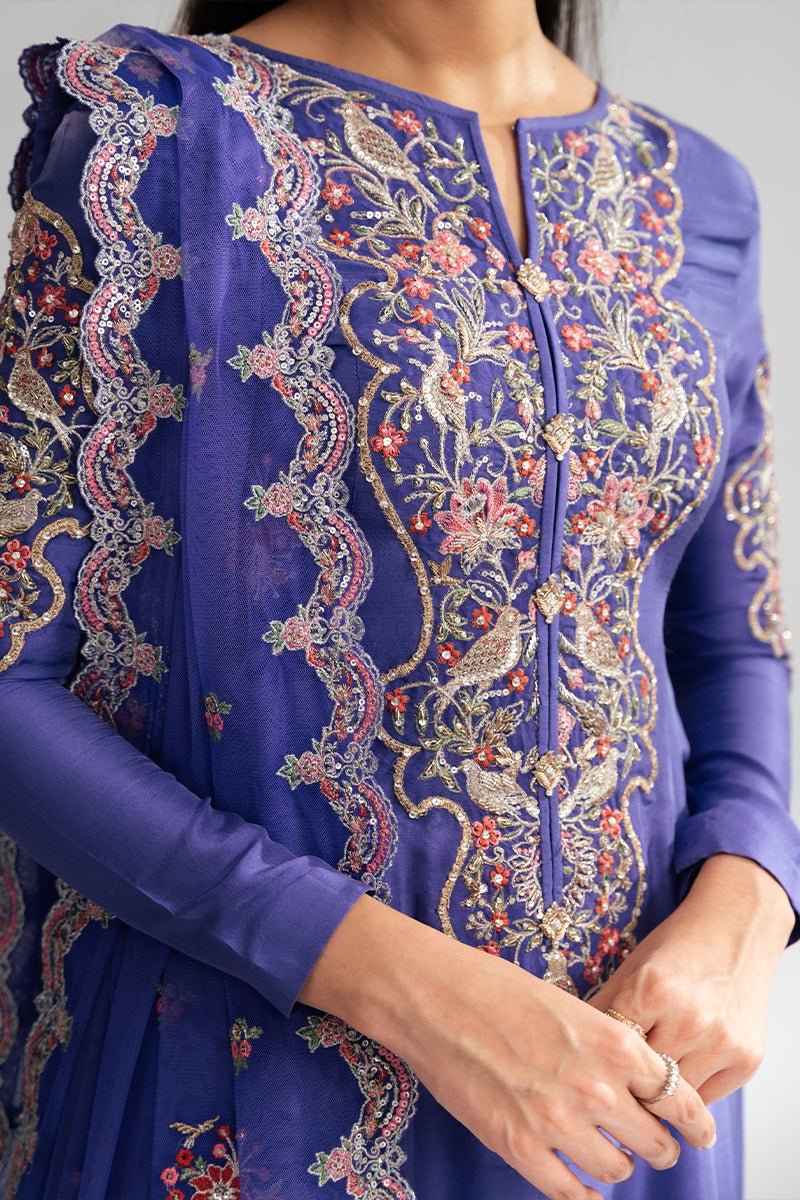 Pakistani Purple Embroidered Raw Silk Salwar Kameez (3-Piece) - Image 3