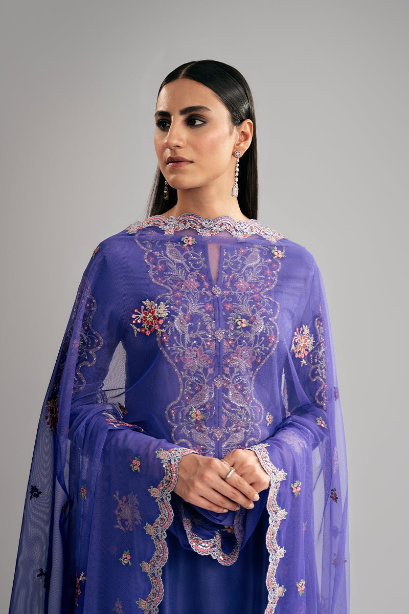 Pakistani Purple Embroidered Raw Silk Salwar Kameez (3-Piece) - Image 4