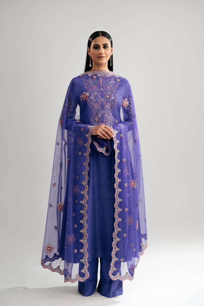 Pakistani Purple Embroidered Raw Silk Salwar Kameez (3-Piece) - Image 5