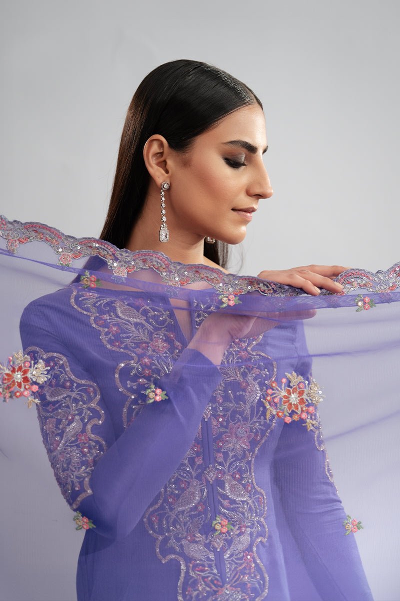 Pakistani Purple Embroidered Raw Silk Salwar Kameez (3-Piece) - Image 6