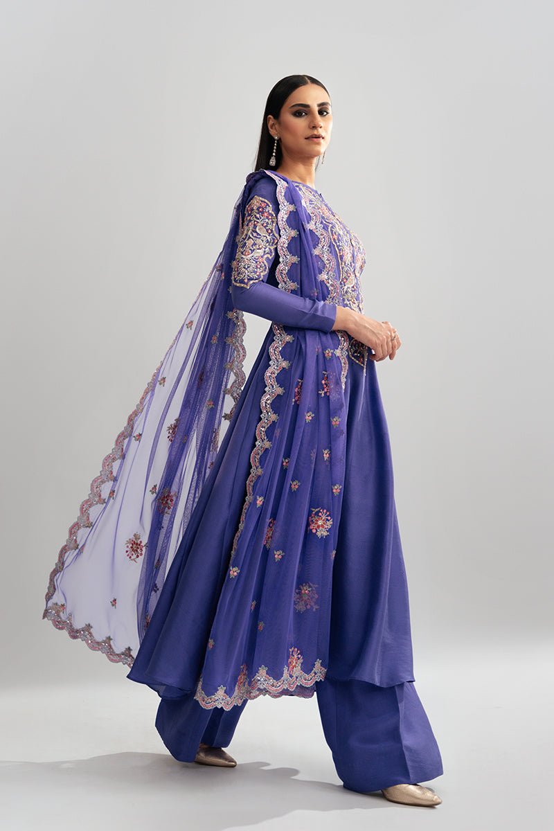 Pakistani Purple Embroidered Raw Silk Salwar Kameez (3-Piece) - Image 7