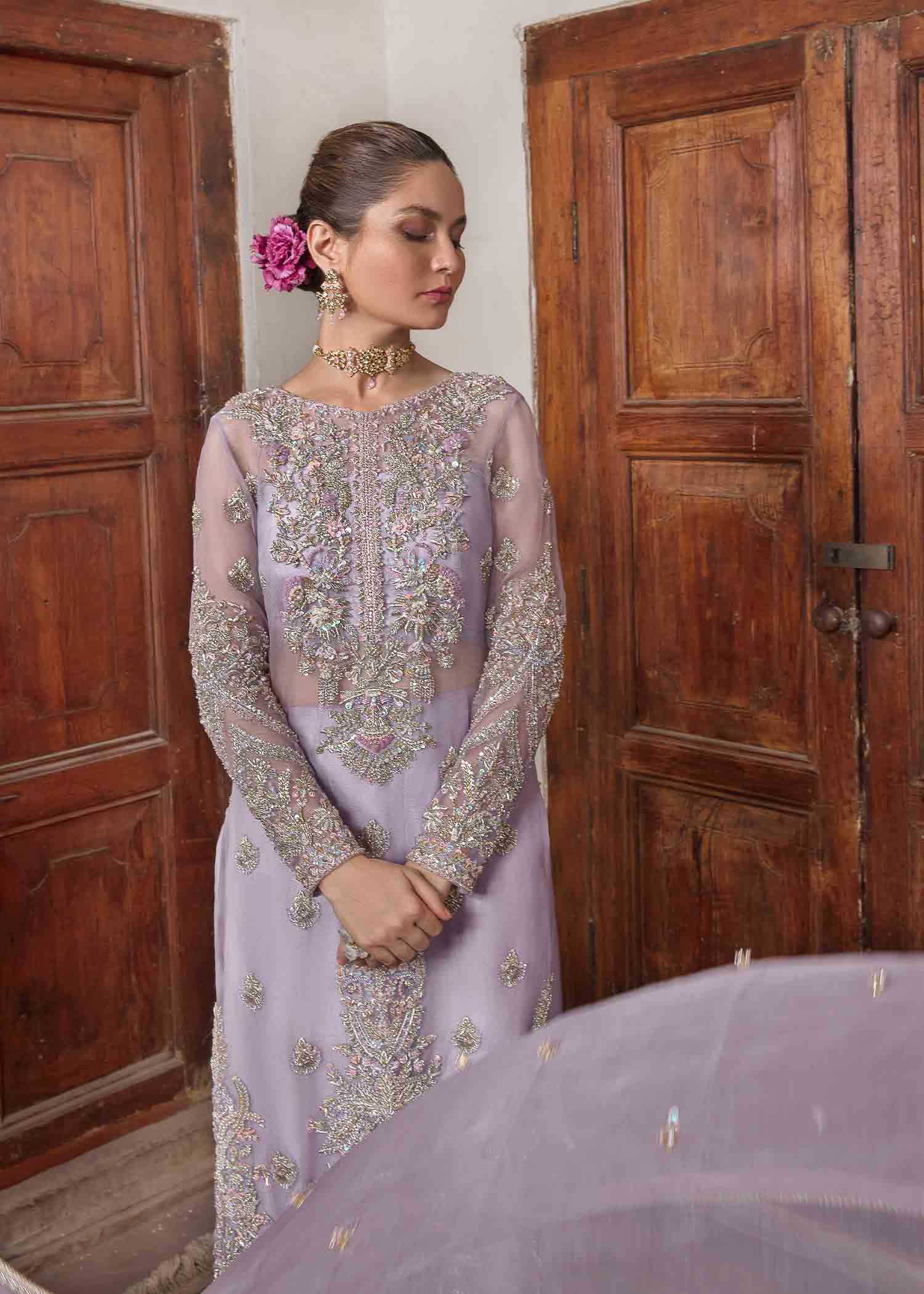 Indian Lilac Hand-Embellished Silk Salwar Kameez (3-Piece) - Image 2