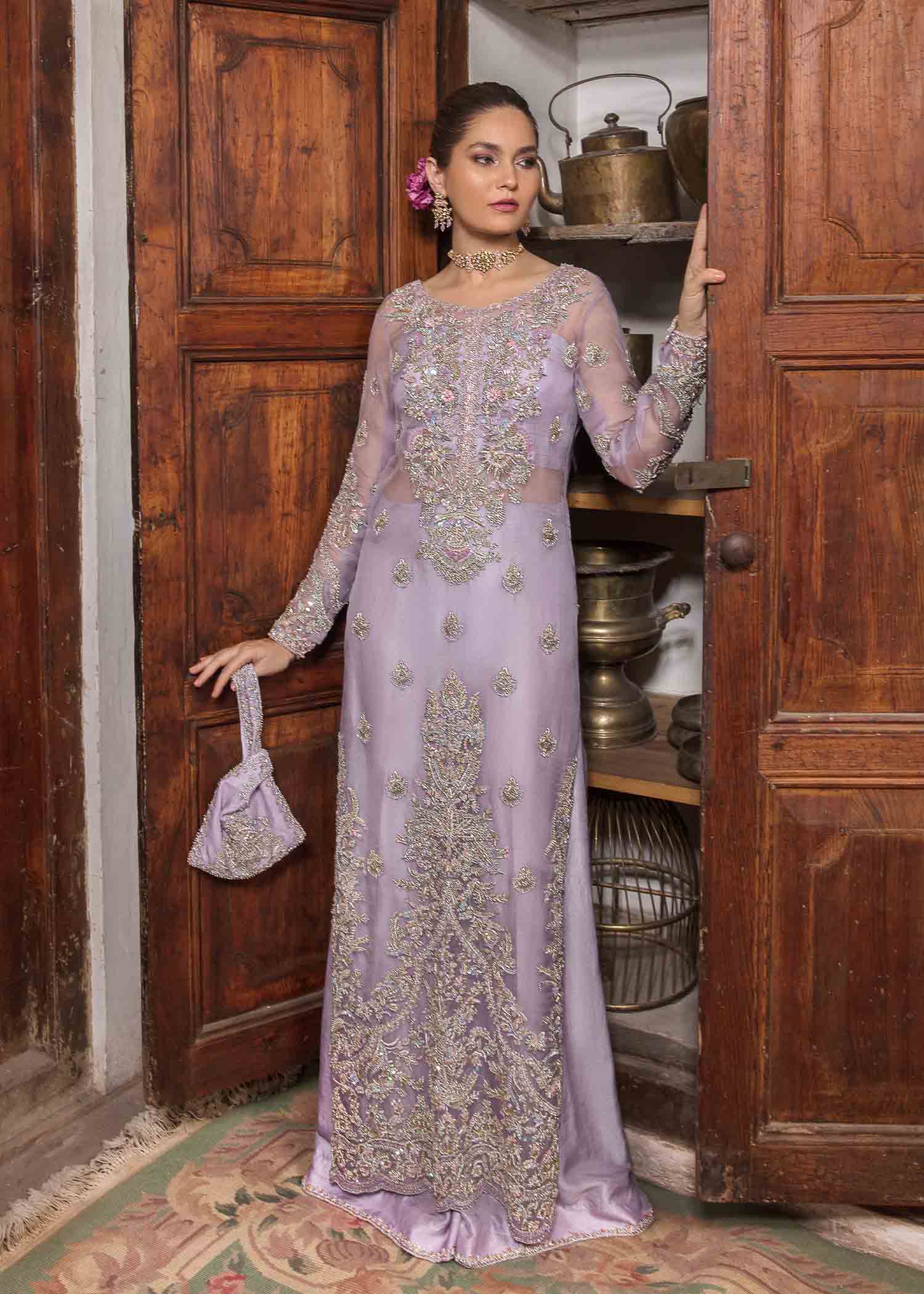Indian Lilac Hand-Embellished Silk Salwar Kameez (3-Piece) - Image 5