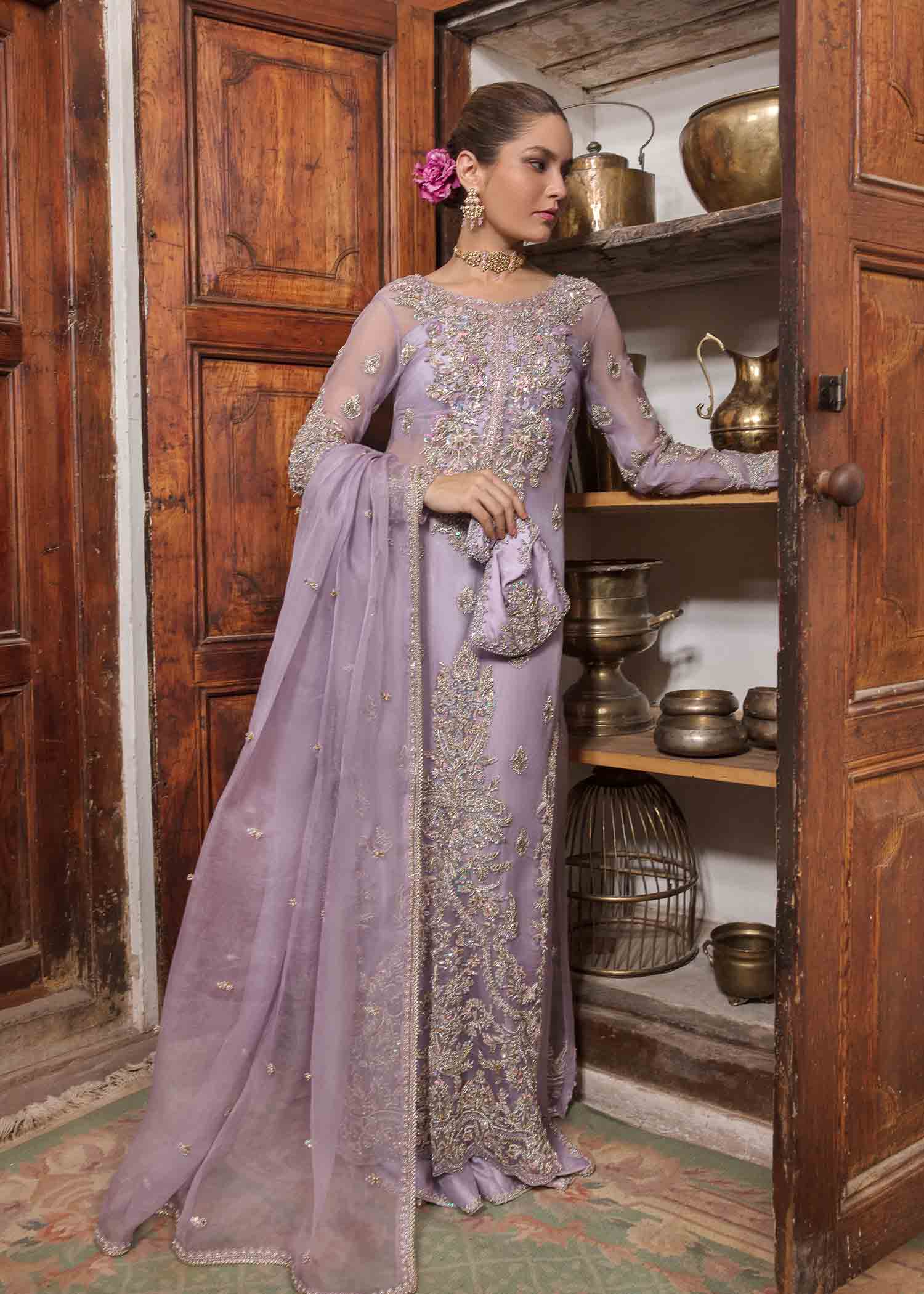 Indian Lilac Hand-Embellished Silk Salwar Kameez (3-Piece) - Image 7