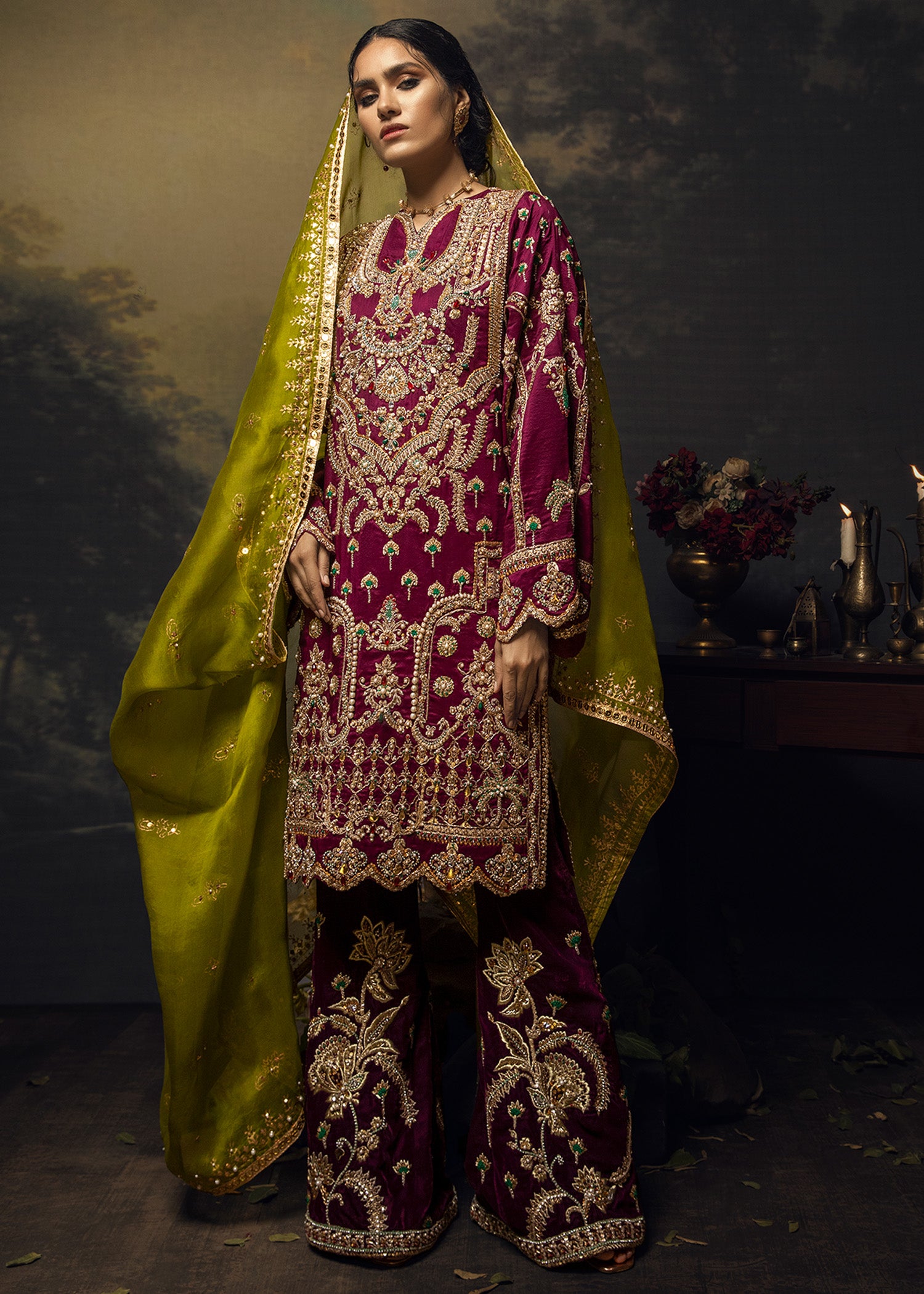 Plum Lorex Embroidered Raw Silk & Velvet Salwar Kameez (3-Piece) - Image 1