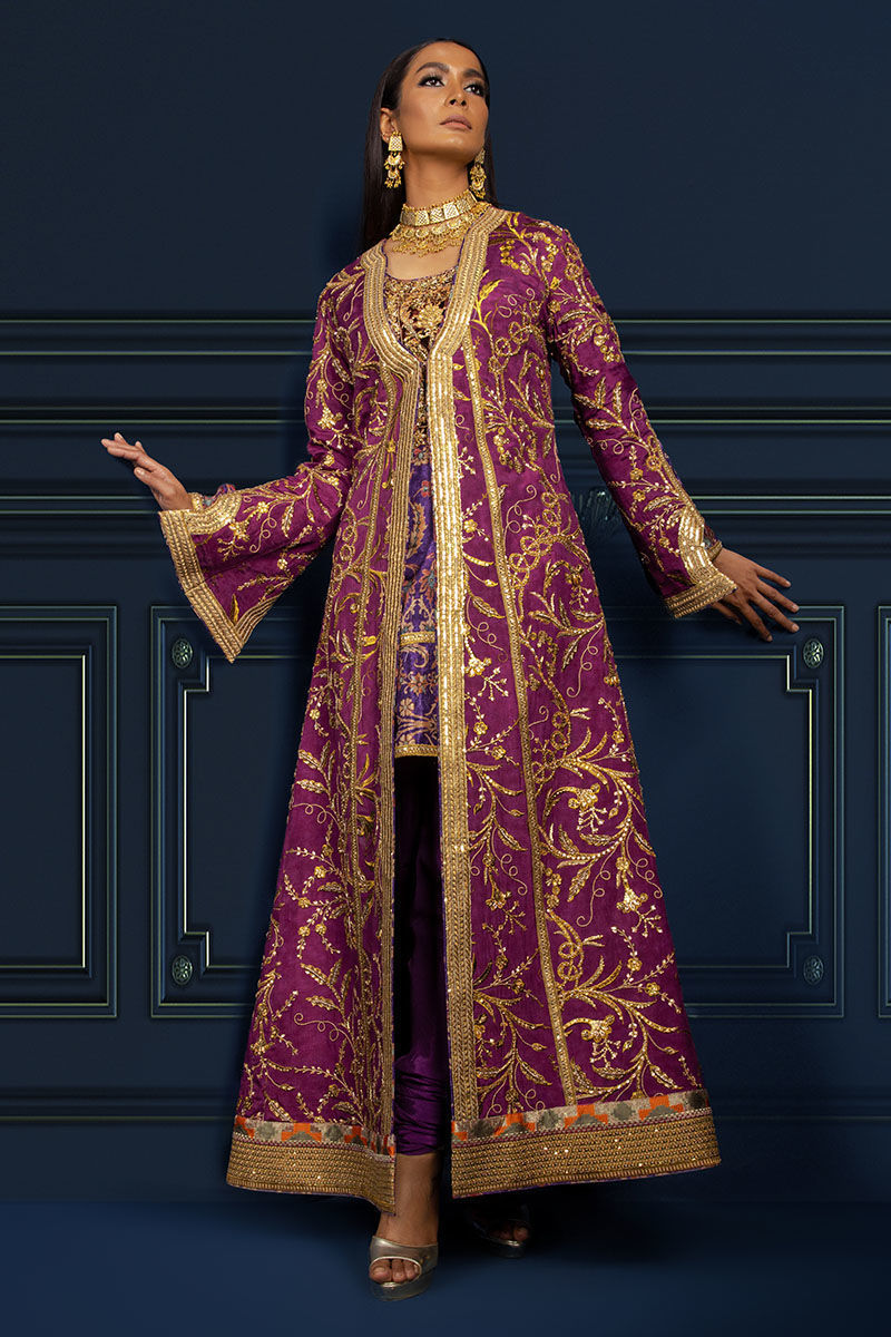 Deep Purple Zardozi Raw Silk Jacket Set (3-Piece) - Image 1