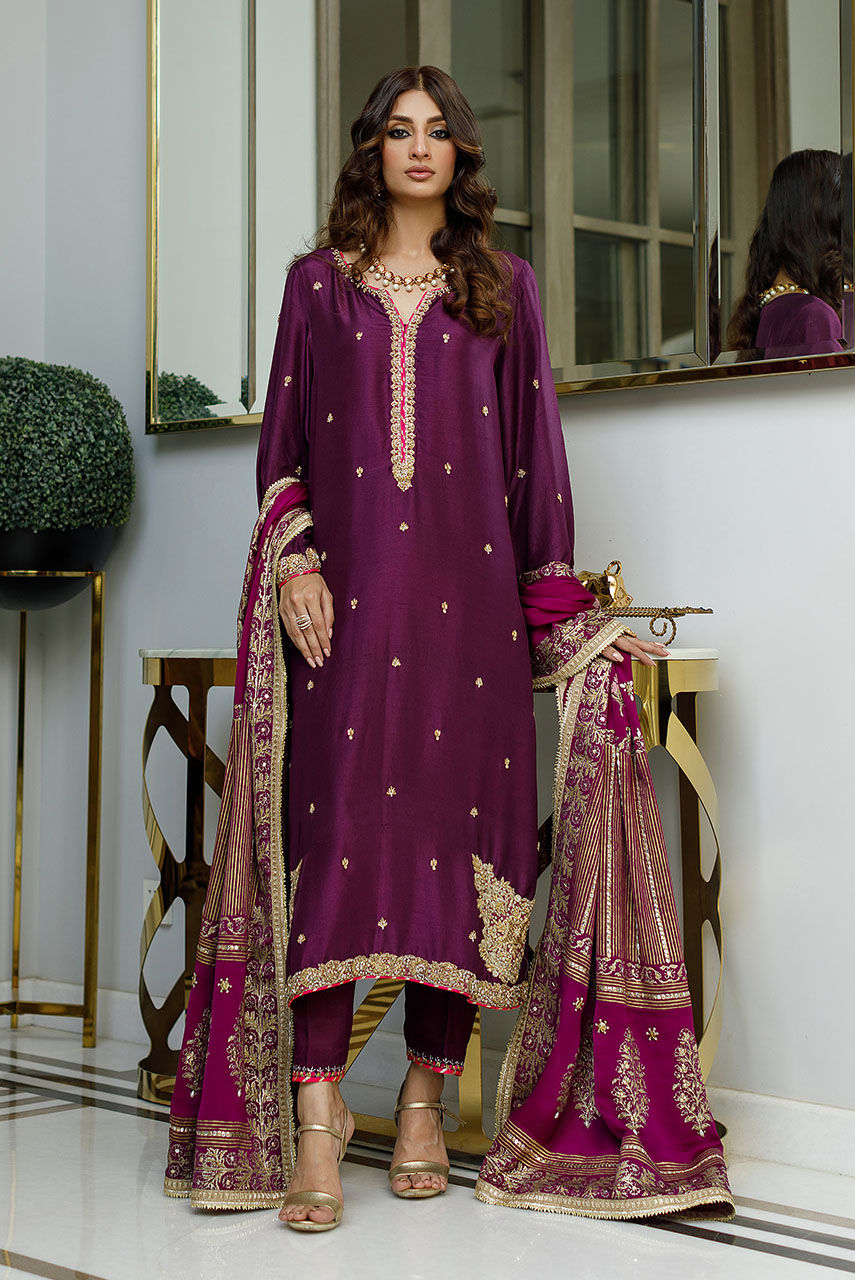 Plum Zardozi Raw Silk Salwar Kameez (3-Piece) - Image 1