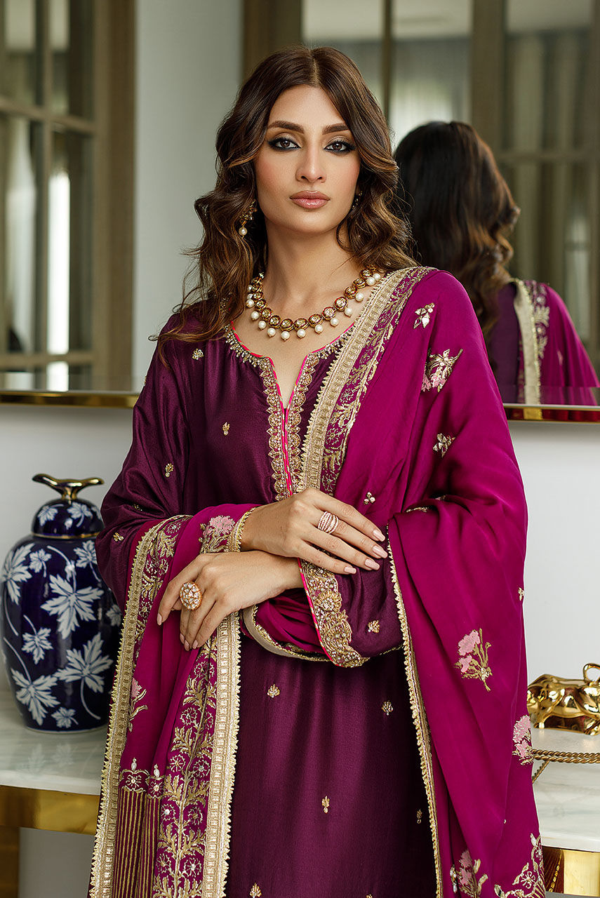Plum Zardozi Raw Silk Salwar Kameez (3-Piece) - Image 2