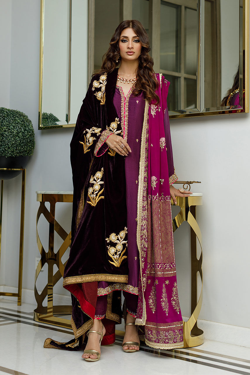 Plum Zardozi Raw Silk Salwar Kameez (3-Piece) - Image 4