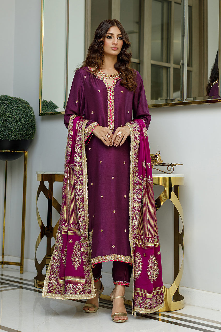 Plum Zardozi Raw Silk Salwar Kameez (3-Piece) - Image 6