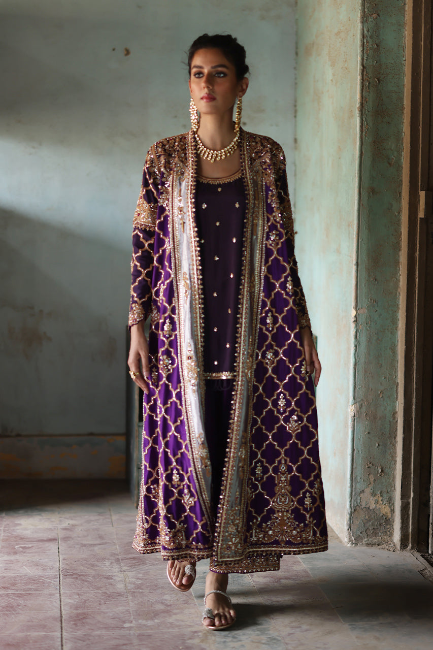 Purple Marori Embroidered Raw Silk Chogha (3-Piece) - Image 1