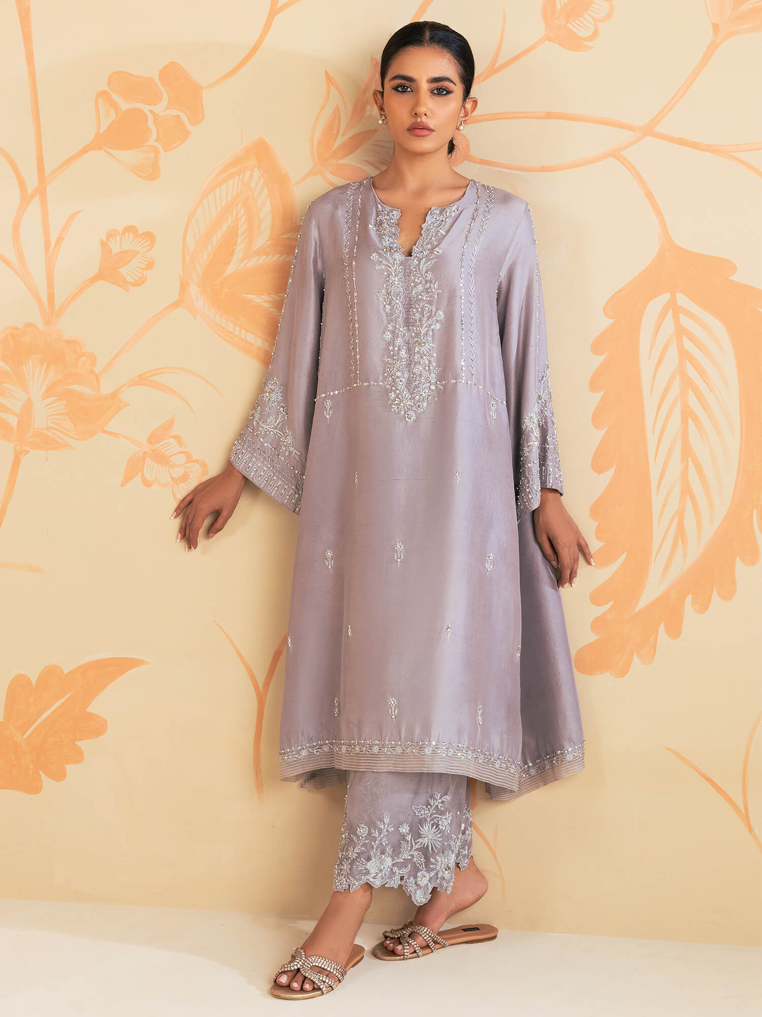 Lavender Zardozi Raw Silk Kurta Set (2-Piece) - Image 1