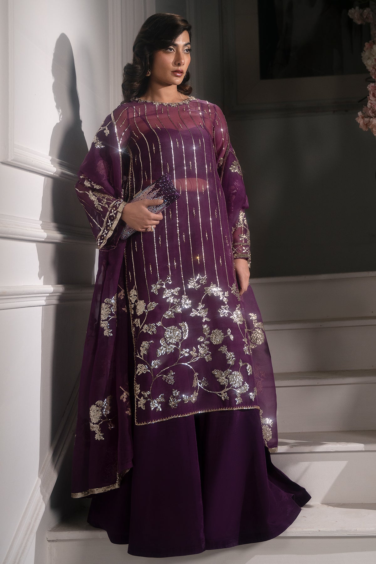 Deep Purple Embroidered Roman Silk Salwar Kameez (3-Piece) - Image 1