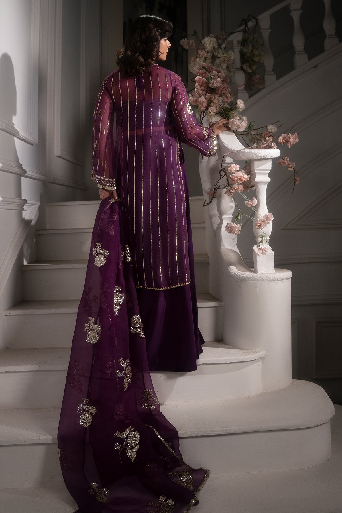Deep Purple Embroidered Roman Silk Salwar Kameez (3-Piece) - Image 2
