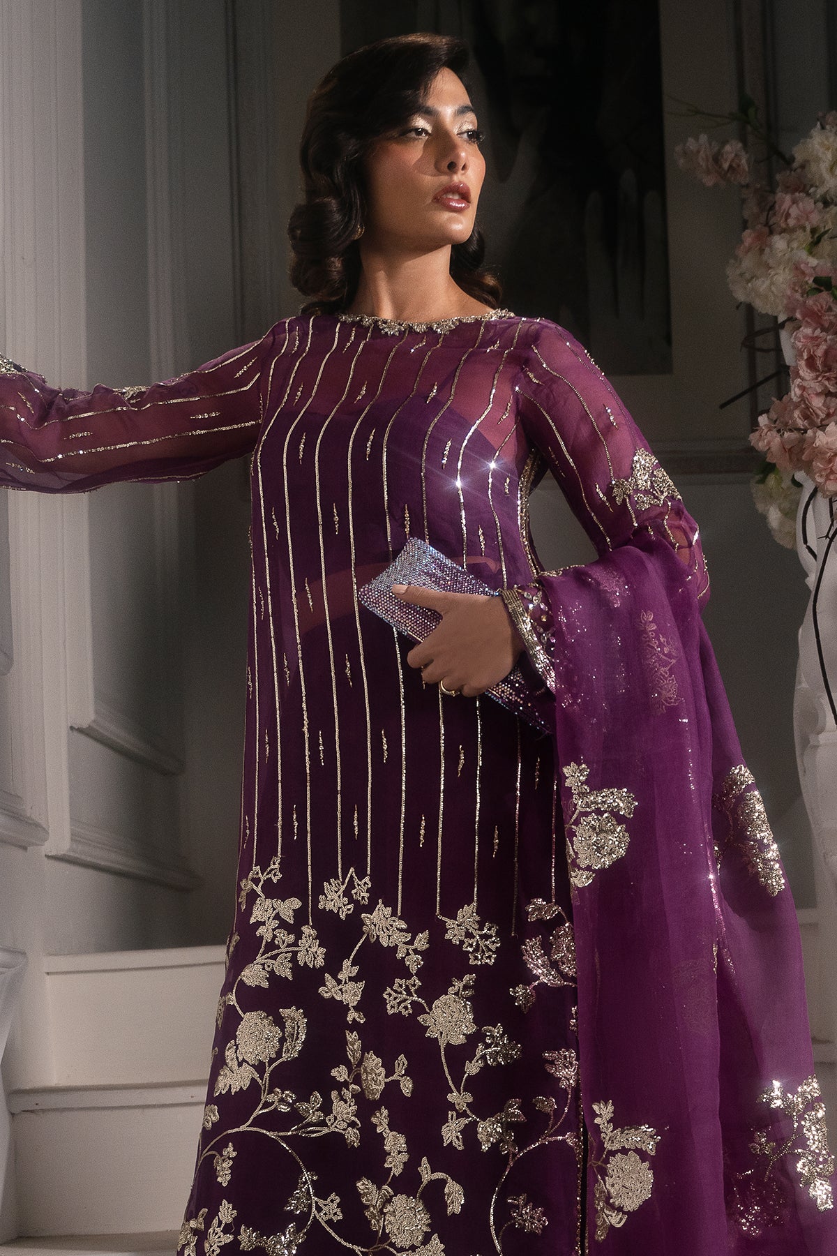 Deep Purple Embroidered Roman Silk Salwar Kameez (3-Piece) - Image 3