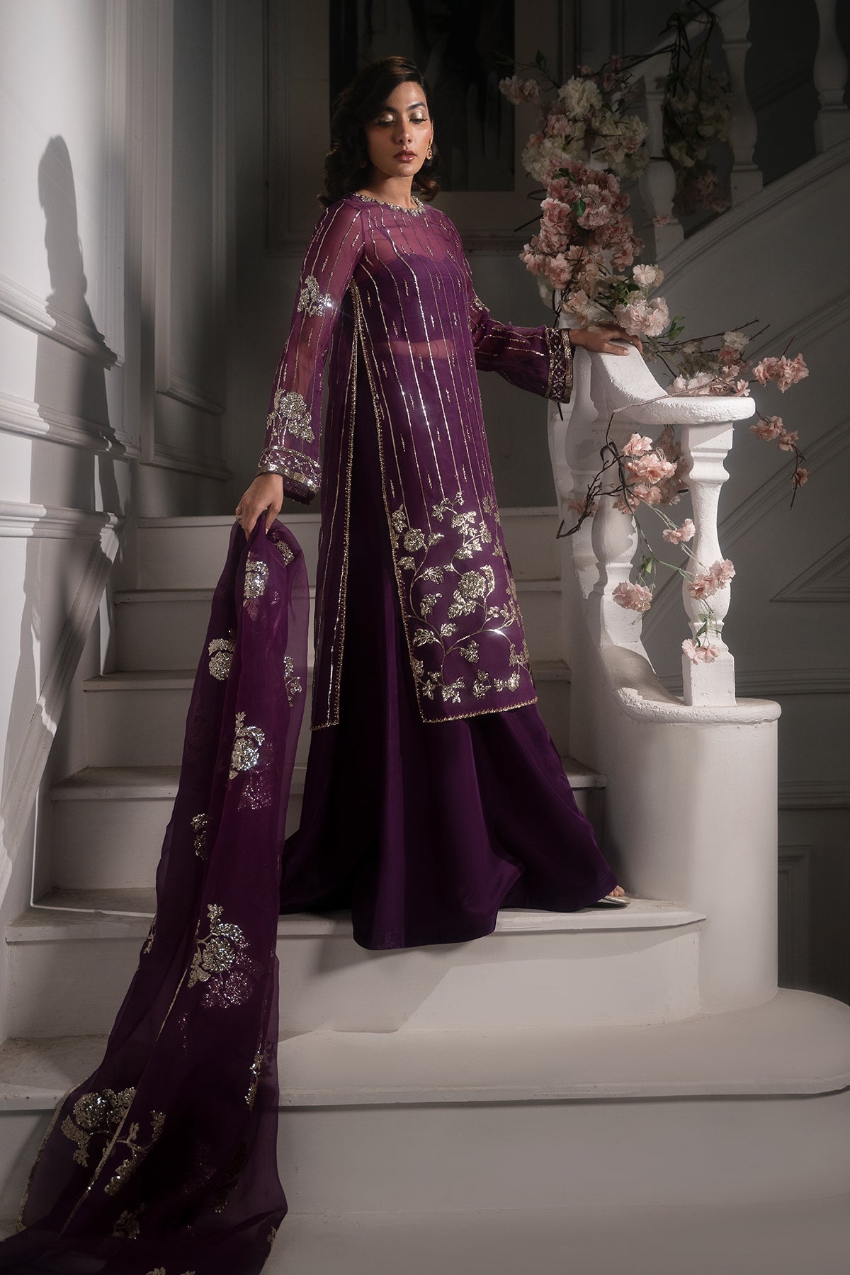 Deep Purple Embroidered Roman Silk Salwar Kameez (3-Piece) - Image 4