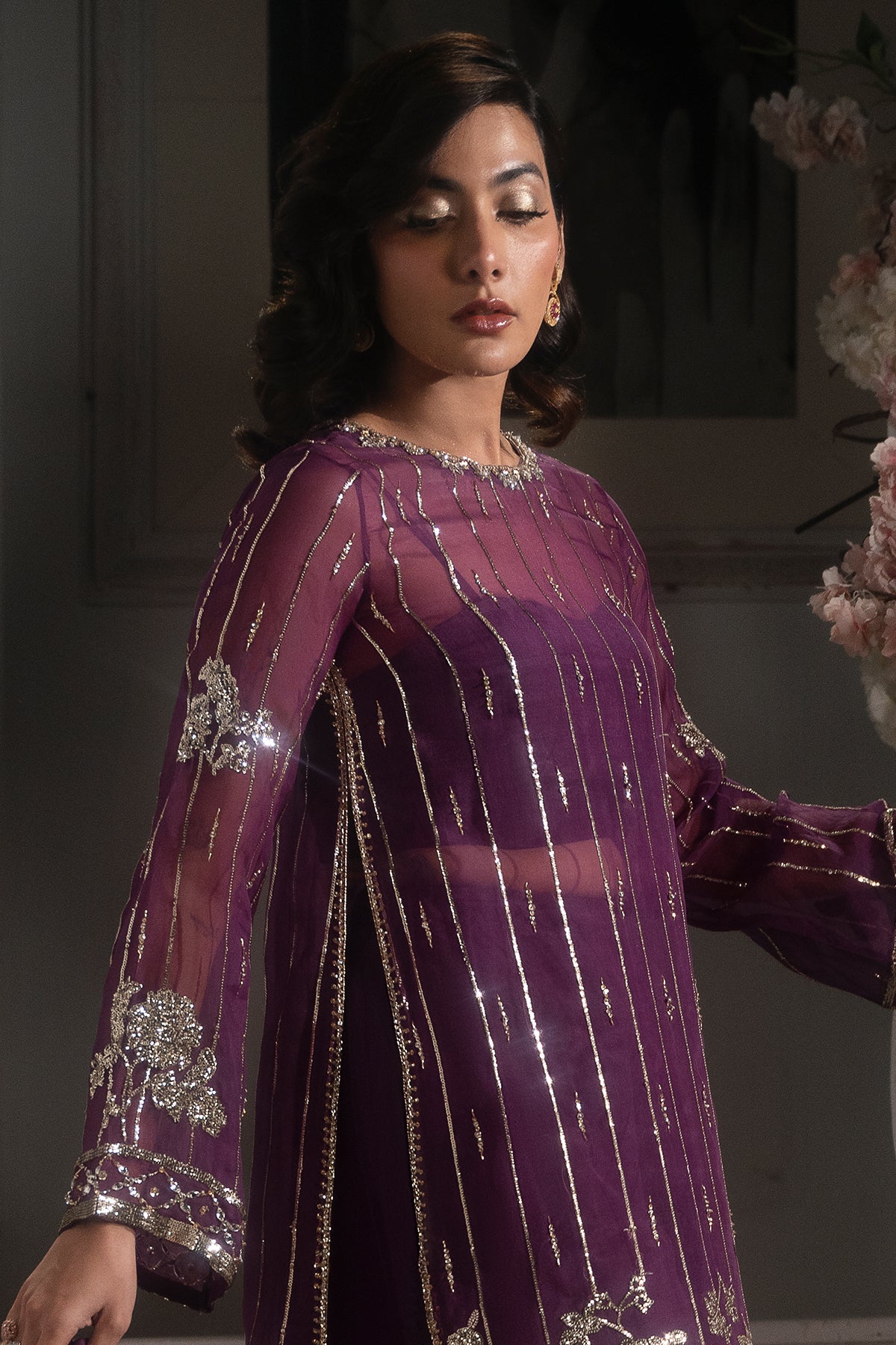 Deep Purple Embroidered Roman Silk Salwar Kameez (3-Piece) - Image 5