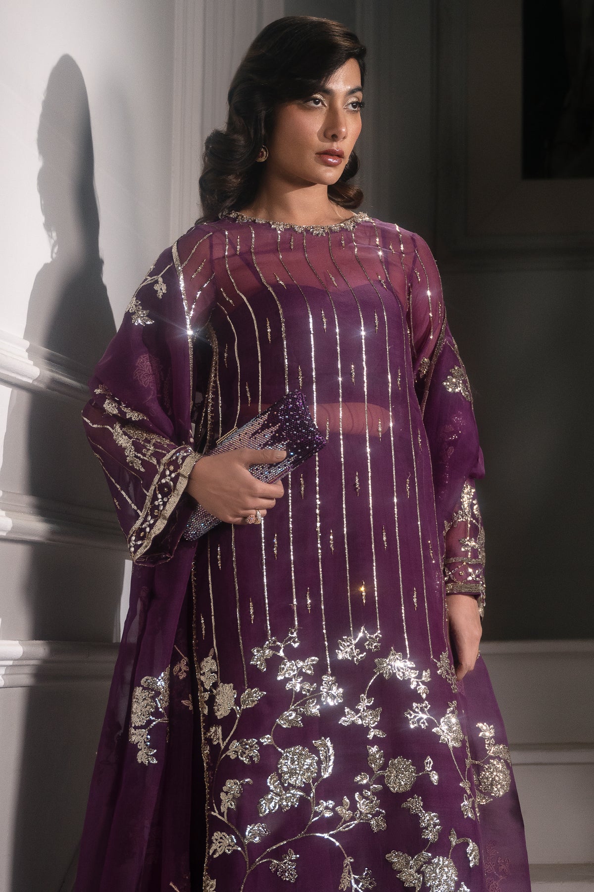 Deep Purple Embroidered Roman Silk Salwar Kameez (3-Piece) - Image 6