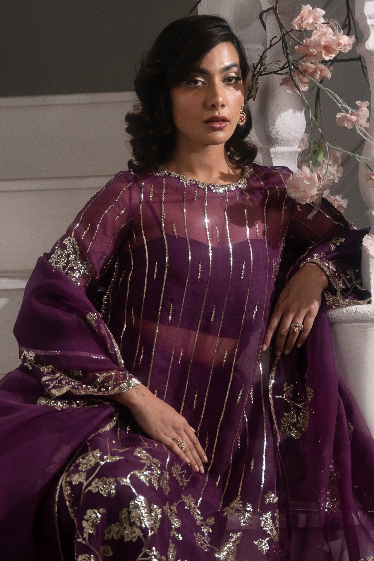 Deep Purple Embroidered Roman Silk Salwar Kameez (3-Piece) - Image 7