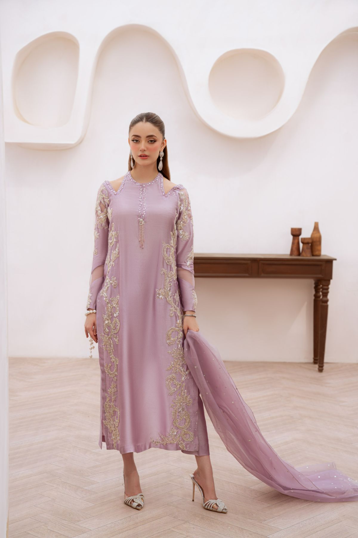 Pakistani Lilac Beaded Sheesha Silk Salwar Kameez (3-Piece) - Image 1