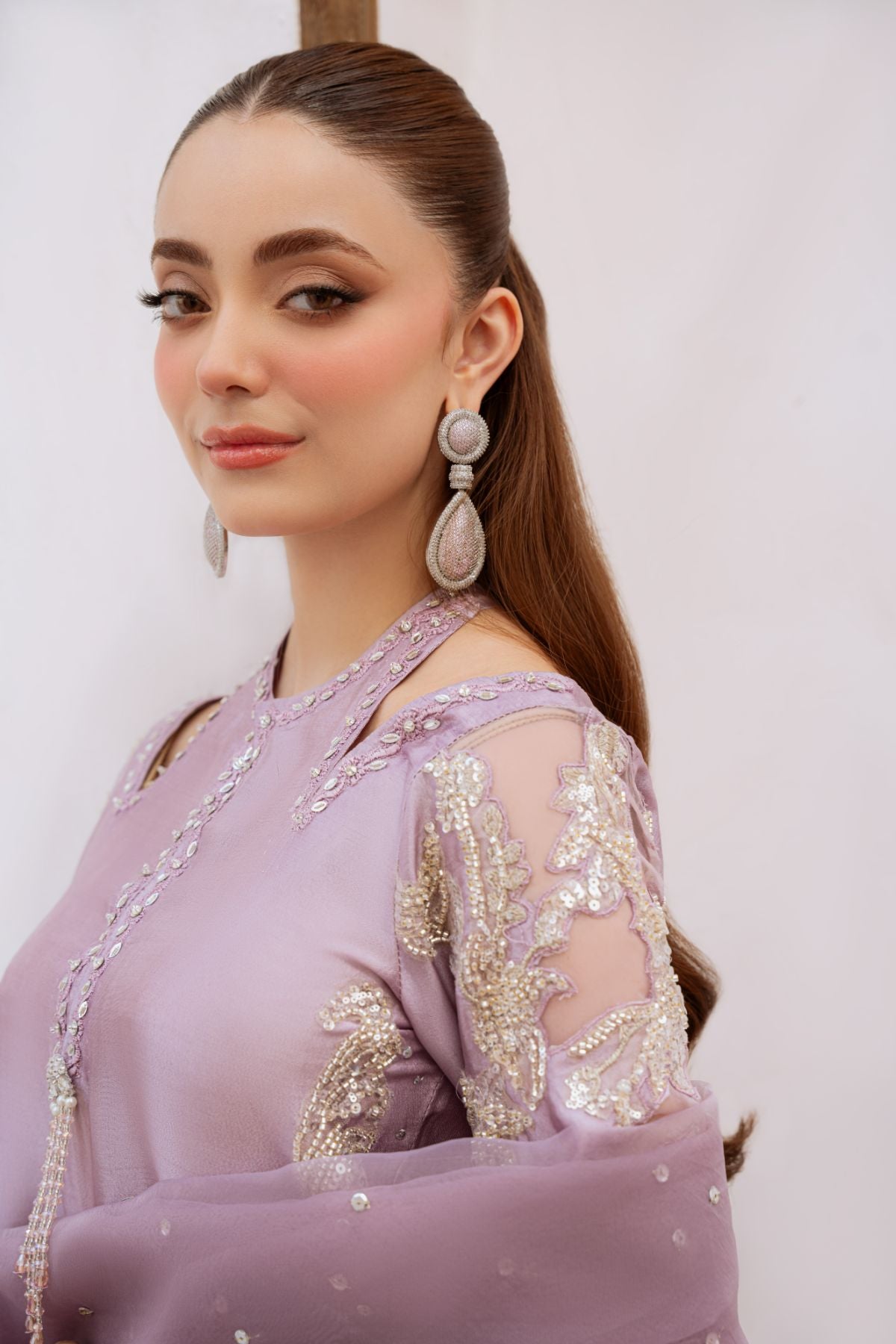 Pakistani Lilac Beaded Sheesha Silk Salwar Kameez (3-Piece) - Image 5